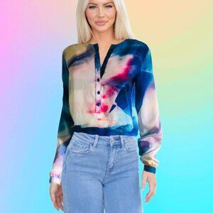 THE PEOPLE'S Vivid Watercolor Print Henley Neckline Long Sleeve Blouse Sz XS